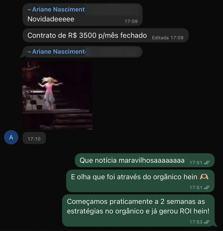 Mensagem da Ariane no grupo de implementação anunciando o contrato de R$ 3.500 por mês fechado pelo orgânico